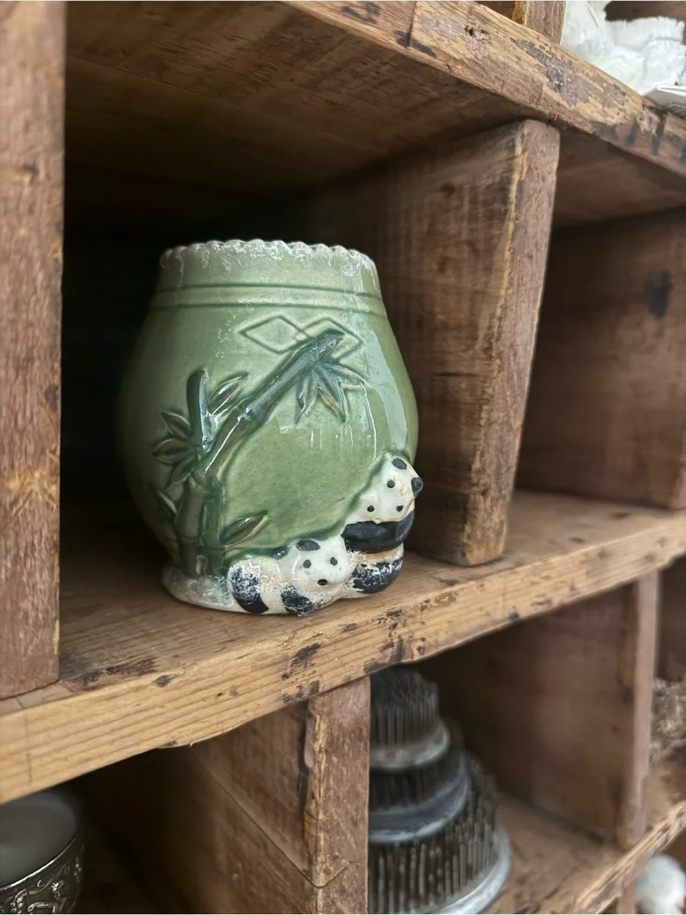 Vintage Green Ceramic Panda Bamboo Planter Vase Home Decor - Picture 2 of 10